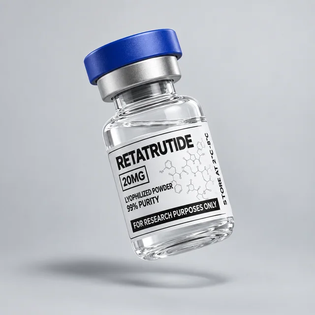Vial Retatrutide 20 mg dengan tutup biru dan label produk